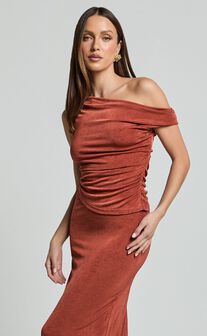 Andre Two Piece Set - One Shoulder Asymmetric Top and Gathered Maxi Skirt Set in Burnt Orange