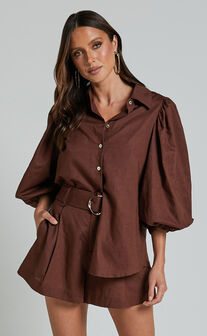 Amalie The Label - Noemie Linen Blend High Waisted Belted Tailored Shorts in Chocolate