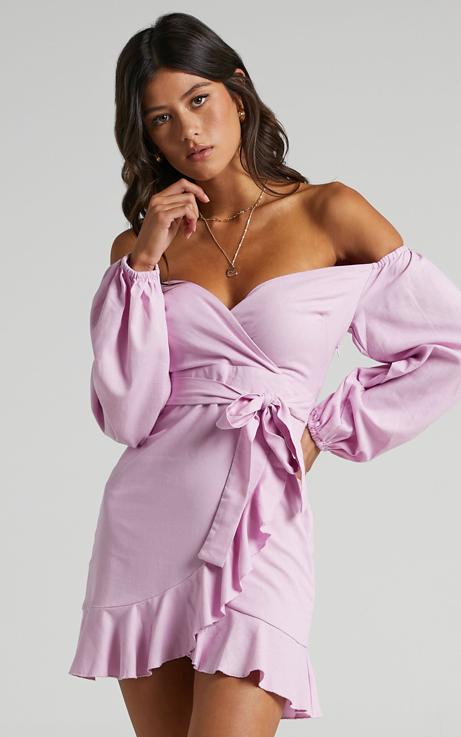 Can't Move On Mini Dress - Linen Look Off Shoulder Dress in Lilac Linen Look - 08, PRP4