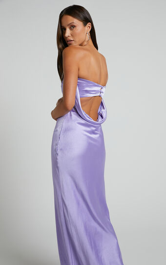 Charlita Maxi Dress - Strapless Cowl Back Satin Dress in Lilac