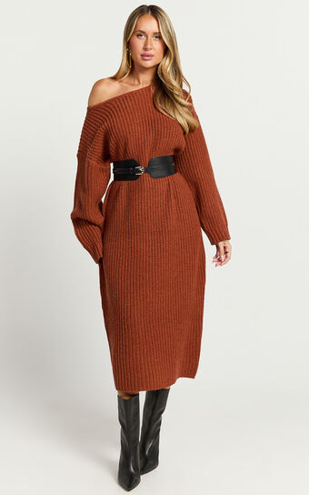 Amalie The Label - Beata Knitted Long Sleeve Midi Dress in Rust