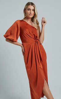 Janae Midi Dress - One Shoulder 3/4 Sleeve Wrap in Copper