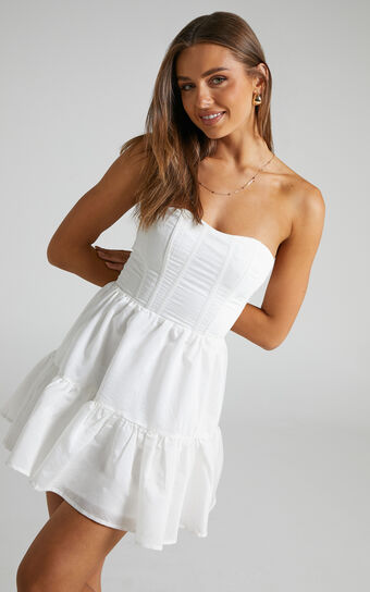 Marionne Mini Dress - Strapless Tiered Dress in White