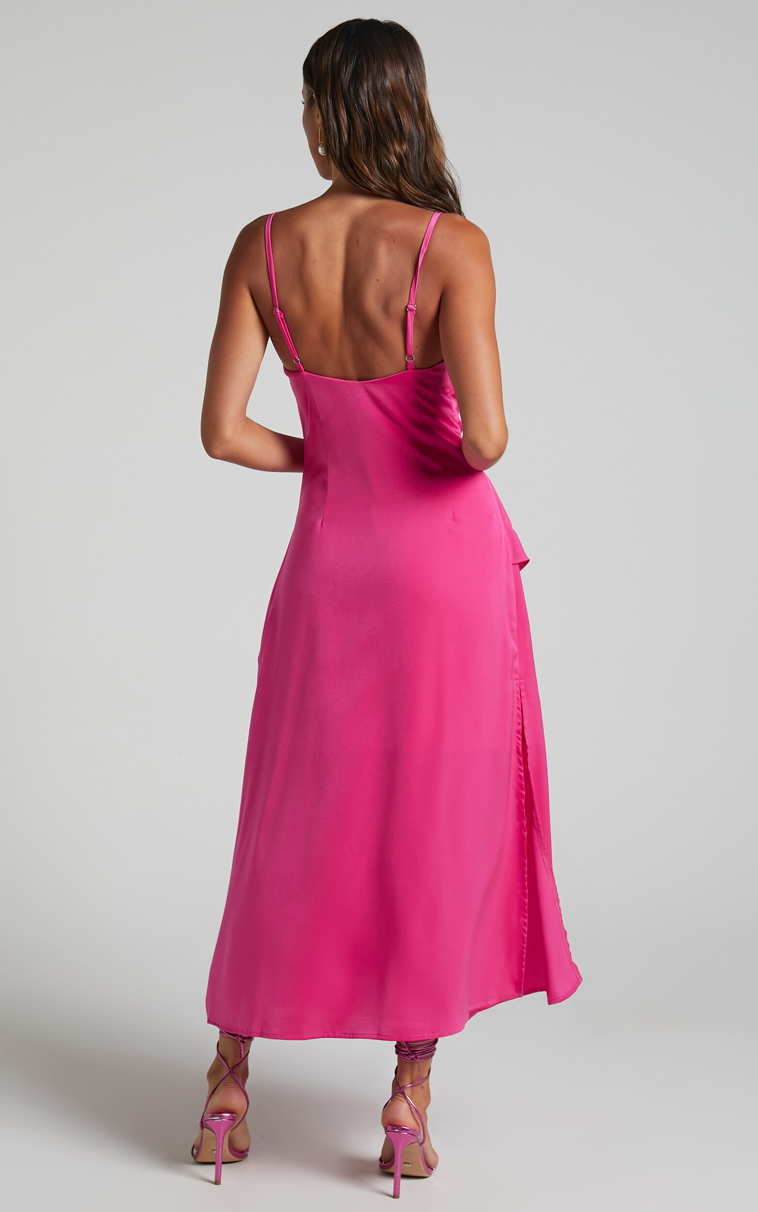 Eileen Midi Dress - V Neck Soft Ruffle Tiered Satin Dress in Hot Pink | Showpo USA