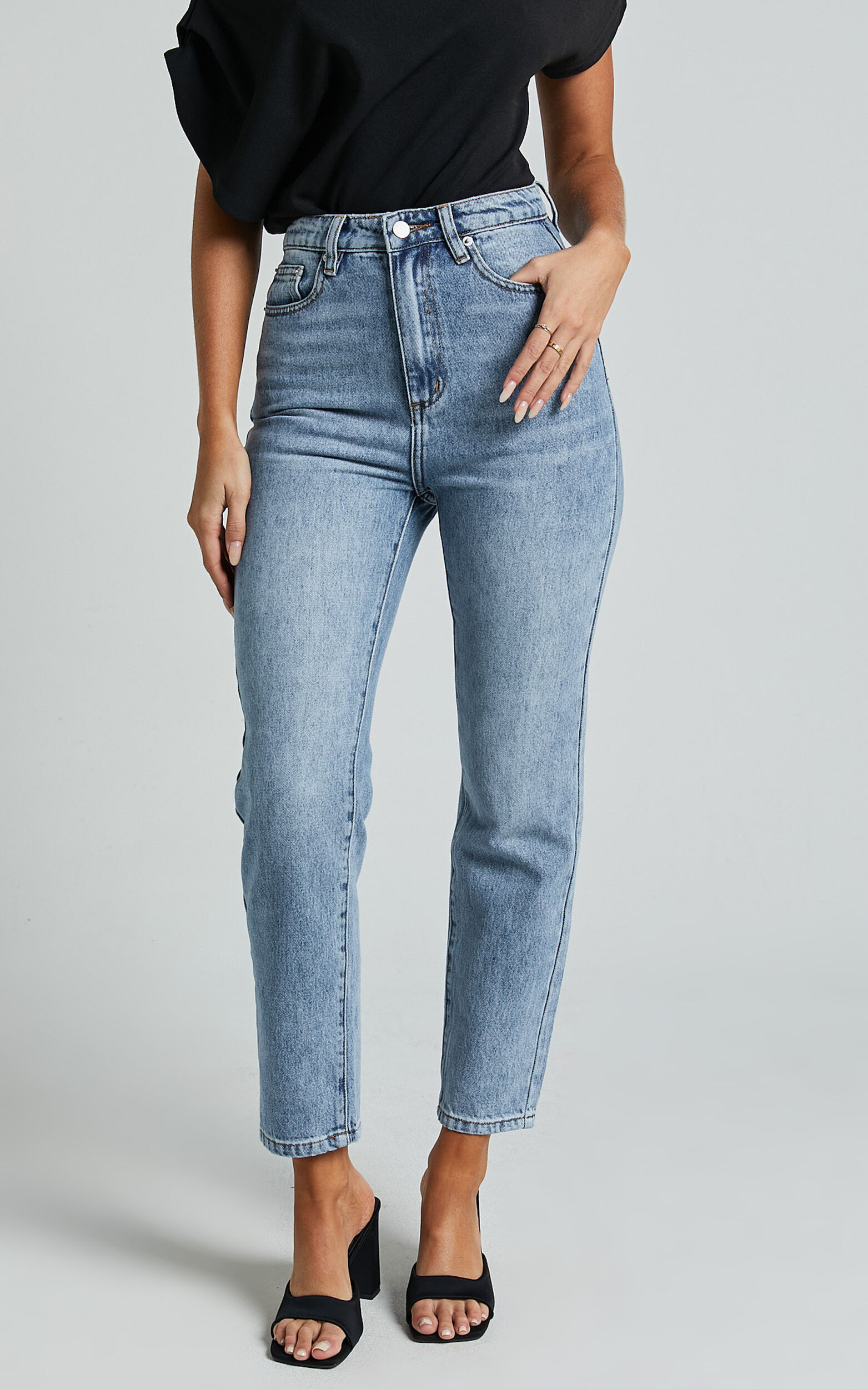 Billie Jeans - High Waisted Recycled Cotton Mom Denim Jeans in Mid Blue ...
