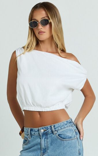 Collins Linen Blend Top - Draped Asymmetrical Neckline Top in White