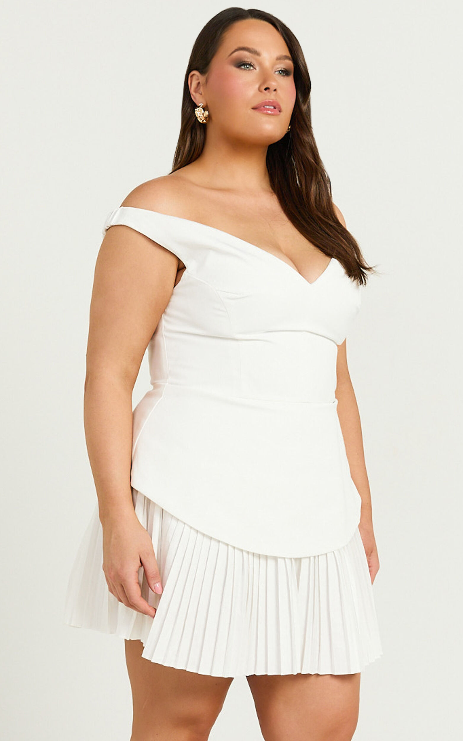 Izara Mini Dress - Off Shoulder Pleated Dress in Off White | Showpo USA