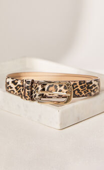 Leah Belt - Thin Gold Buckle PU Leopard Print Belt in Brown