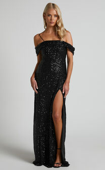 Malisha Maxi Dress - Off The Shoulder Corset Bodice Dress in Black