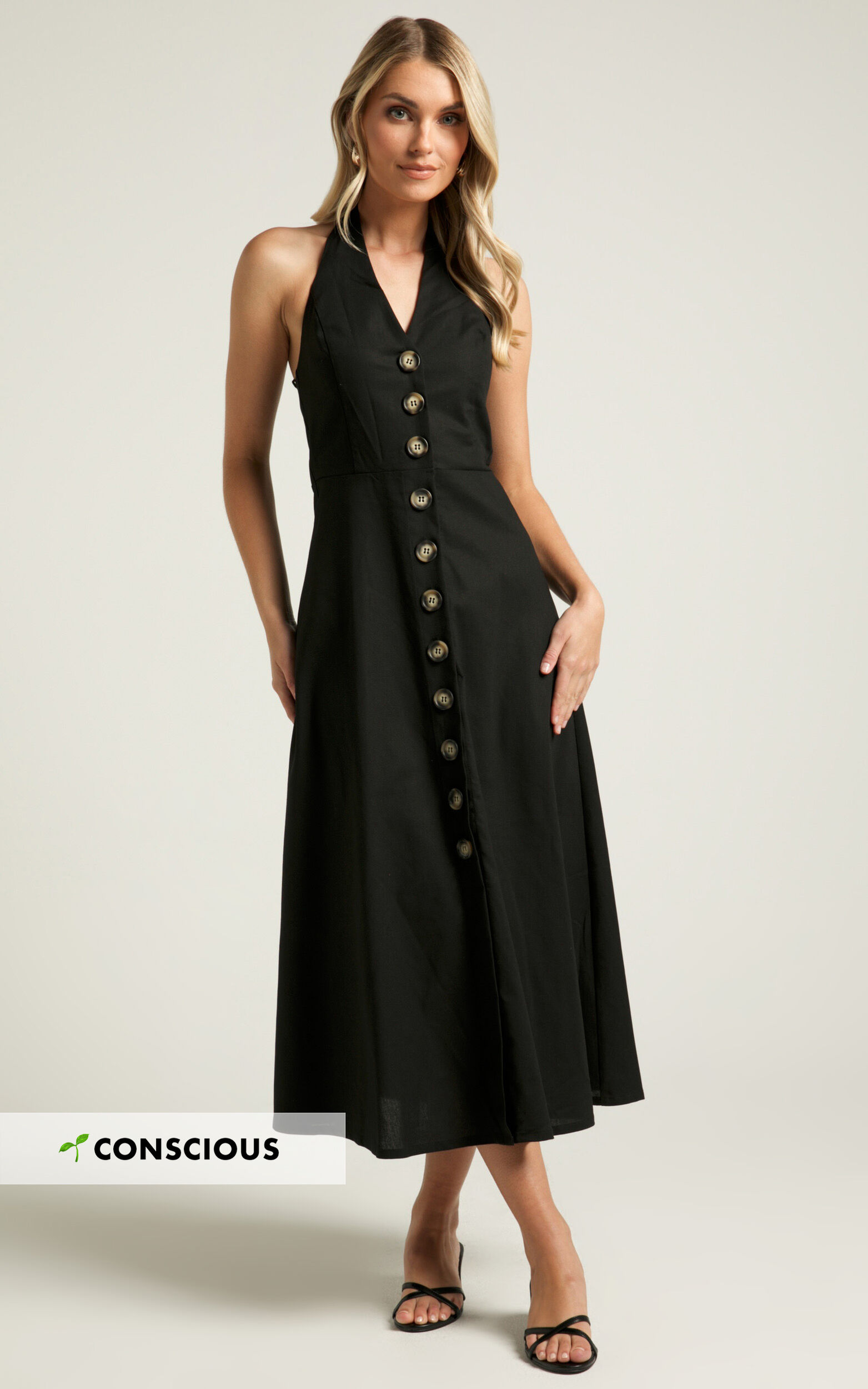 Hermosa Maxi Dress - Linen Look Button Through Halter Neck A Line Dress in Black - 06, BLK1