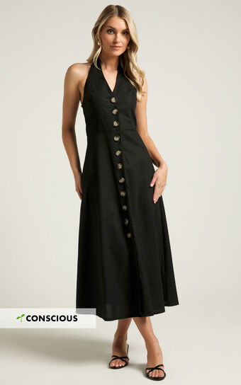 Hermosa Maxi Dress - Linen Look Button Through Halter Neck A Line Dress in Black