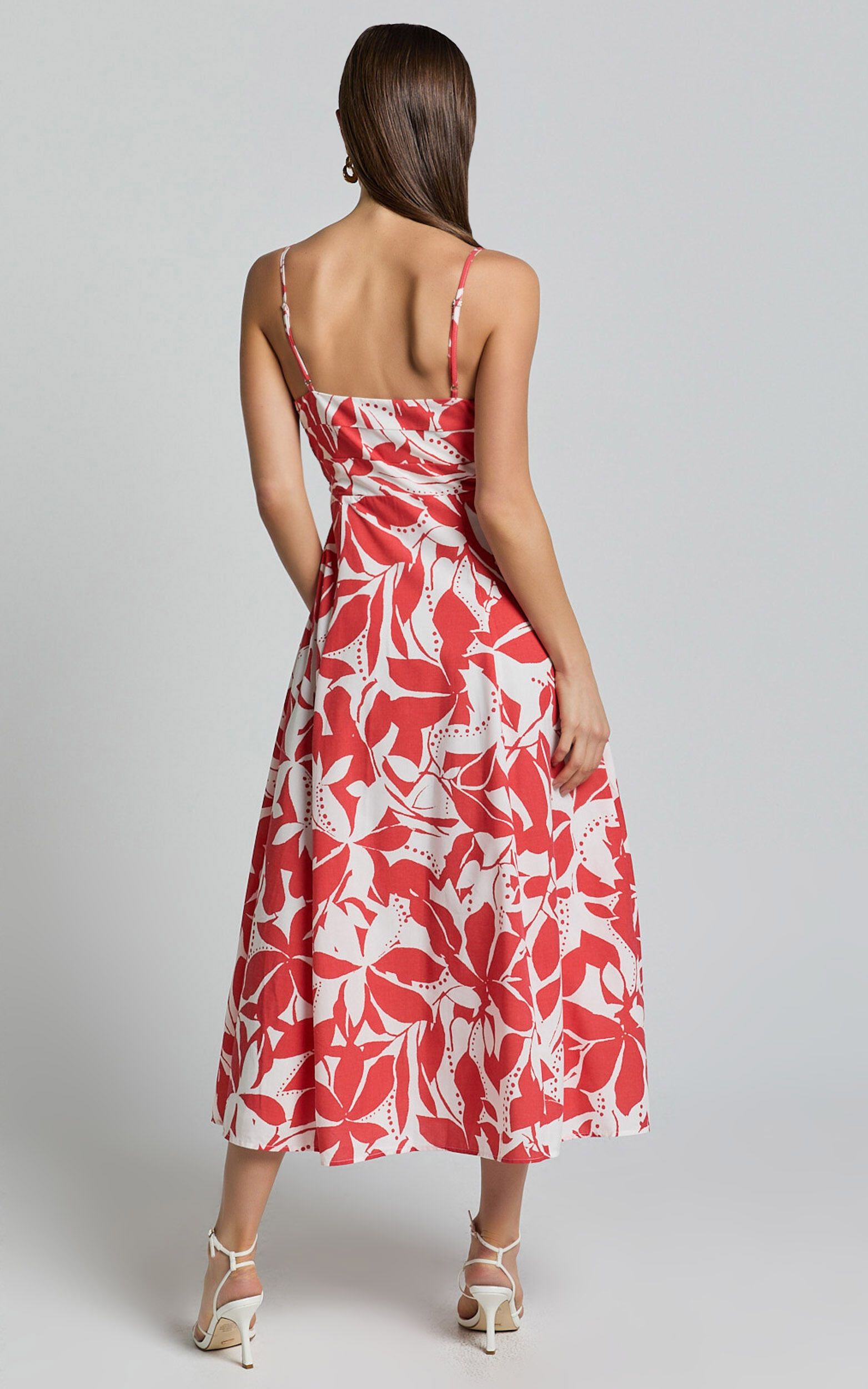 Nylia Midi Dress - Strappy Fit and Flare Dress in Red Floral | Showpo USA