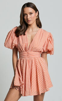 Xandy Mini Dress - Textured Puff Sleeve Plunge Dress in Peach