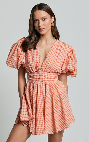 Xandy Mini Dress - Textured Puff Sleeve Plunge Dress in Peach Showpo