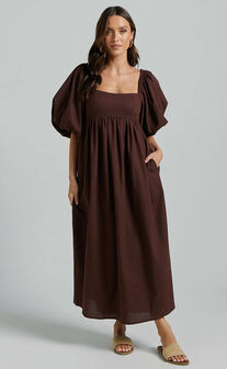 Cenia Midi Dress - Linen Look Straight Neck Shirred Back Puff Sleeve Dress in Dark Oak
