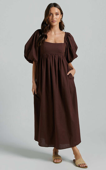Cenia Midi Dress - Linen Look Straight Neck Shirred Back Puff Sleeve Dress in Dark Oak