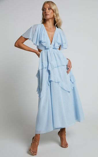 Jania Midi Dress - Cut Out Short Sleeve Plunge Neck Dress in Pale Blue