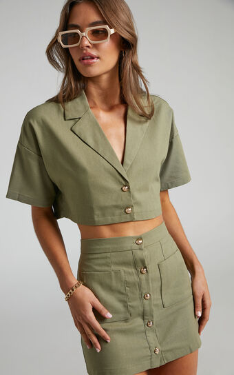 Nadhia Two Piece Set - Linen Look Cropped Shirt and Button Up Mini Skirt in Khaki