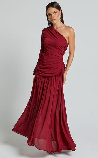 Grittah Midi Dress - One Shoulder Bishop Sleeve High Split Ruched Dress in Wine