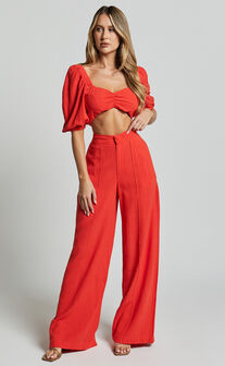 Aleydise Two Piece Set - Linen Puff Sleeve Gathered Crop Top and Pants Set in Burnt Orange