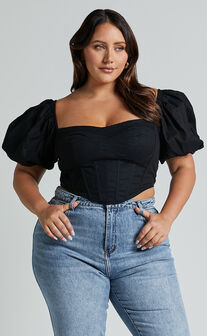 Estella Top - Puff Sleeve Corset Bustier Top in Black