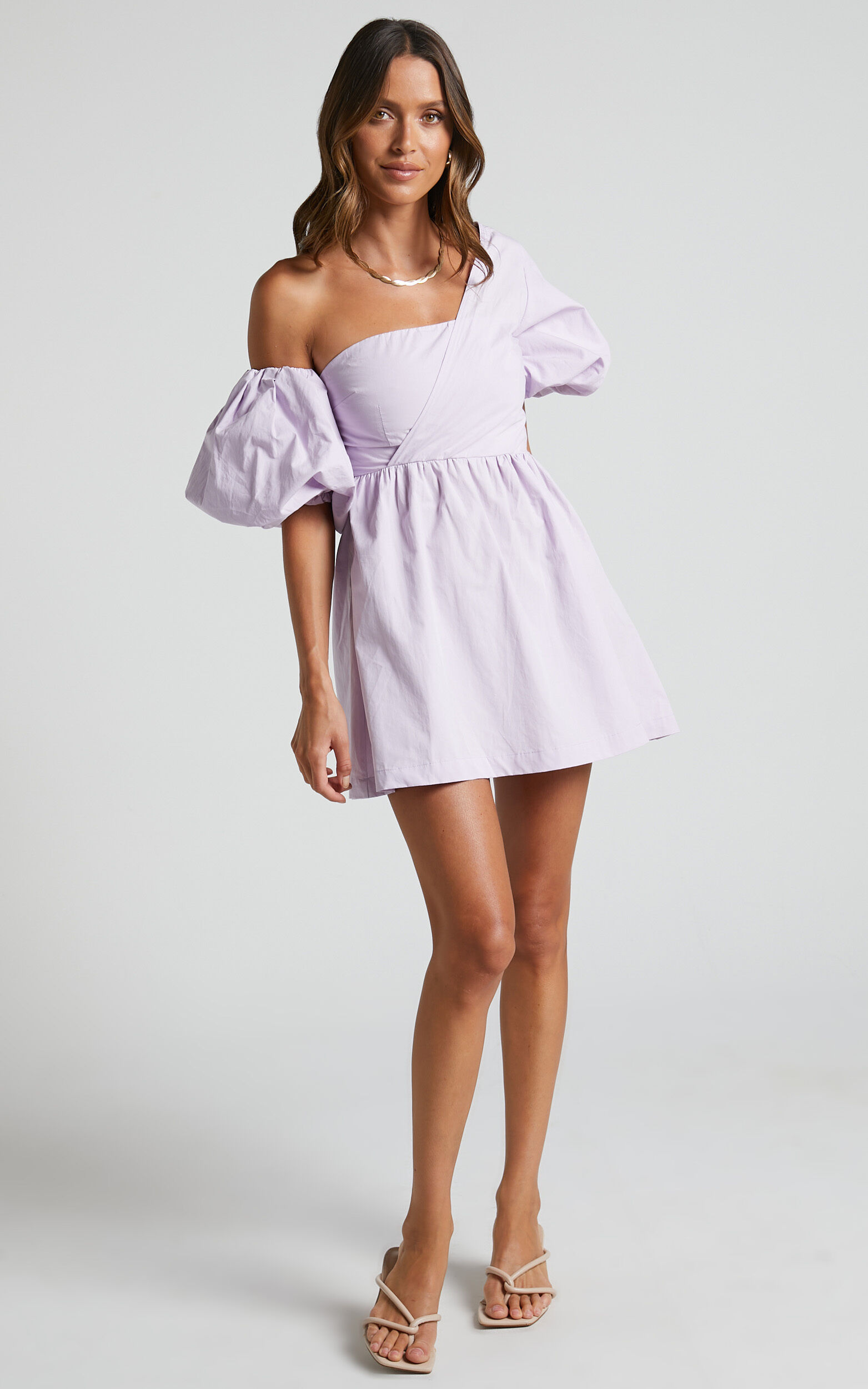 Sula Mini Dress - Asymmetric Off One Shoulder Puff Sleeve