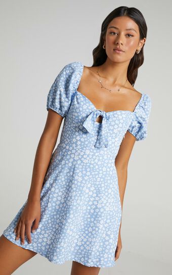 Macy A-Line Mini Dress in Blue Print