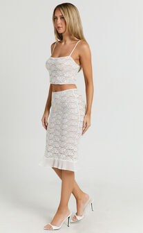 Imee Two Piece Top and Skirt Set - Lace Off Shoulder Top And Low Rise Skirt Set in White