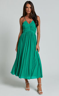 Roza Midi Dress - Ruched Bodice Dress in Emerald