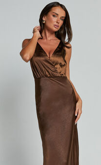 Melodie Midi Dress - V Neck Satin Slip Dress in Chocolate