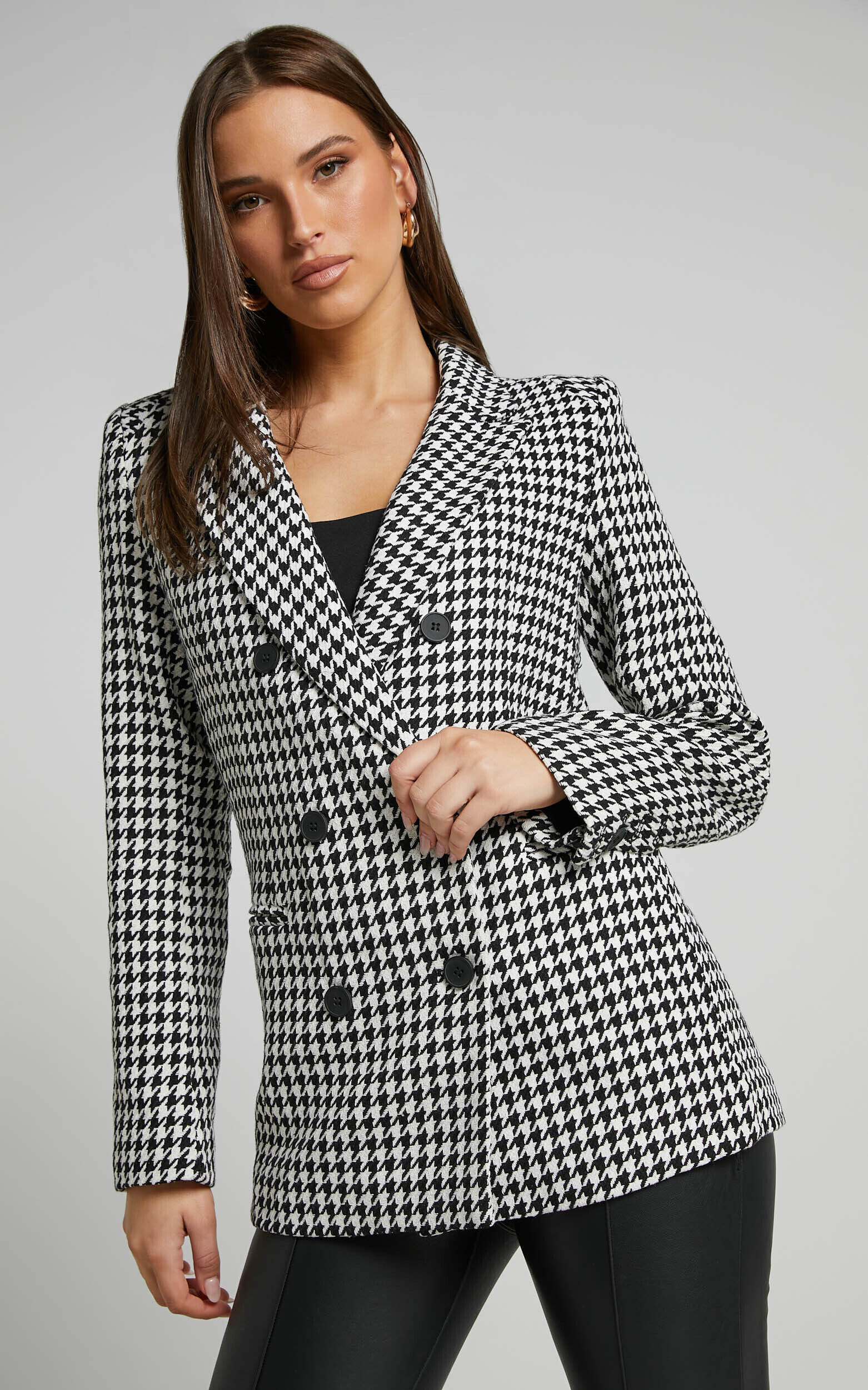 Minie Blazer Longline Double Breasted Blazer in Black and White Check