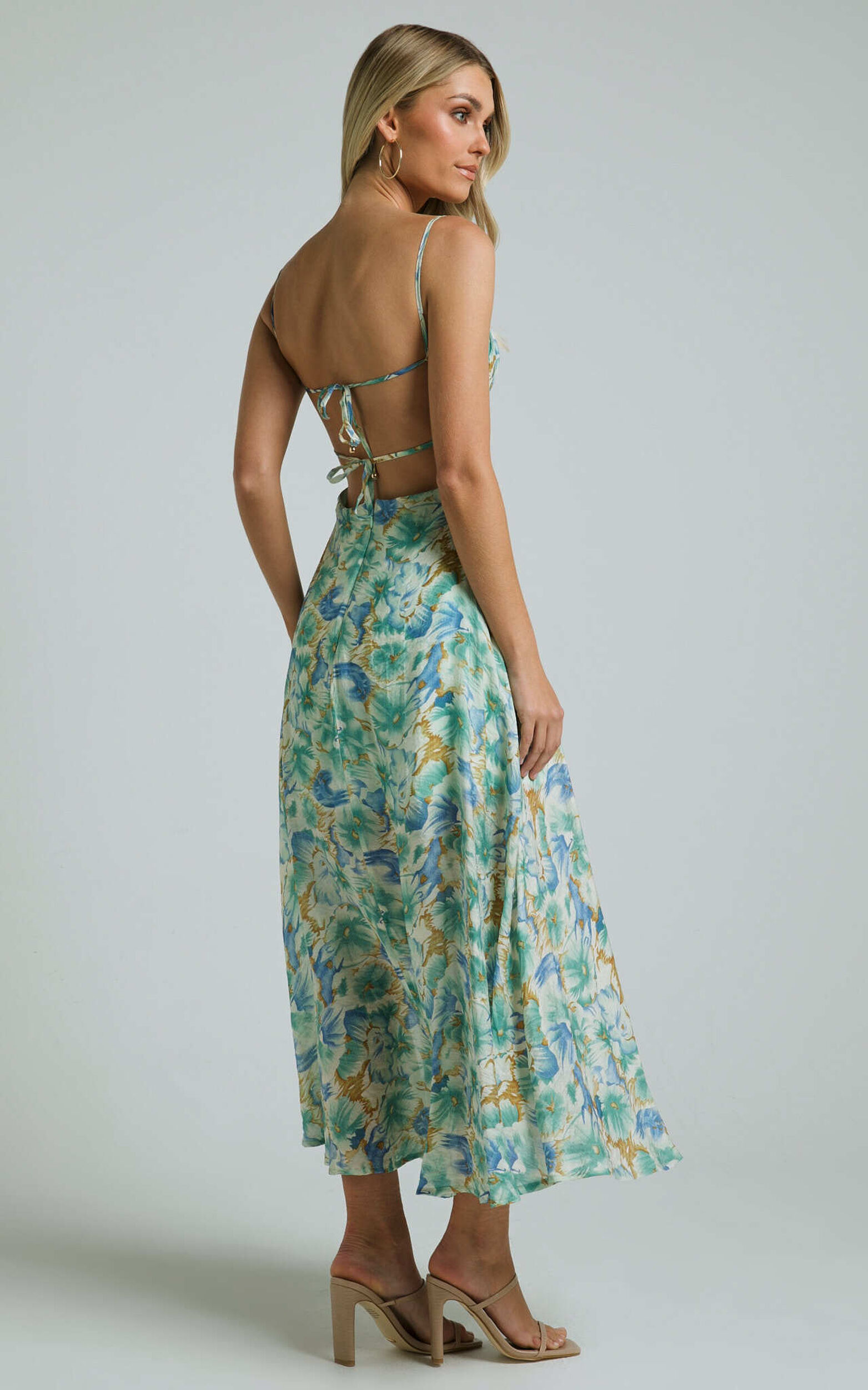 Elenita Midi Dress - Cup Bust Sleeveless Slit Dress in Green Floral