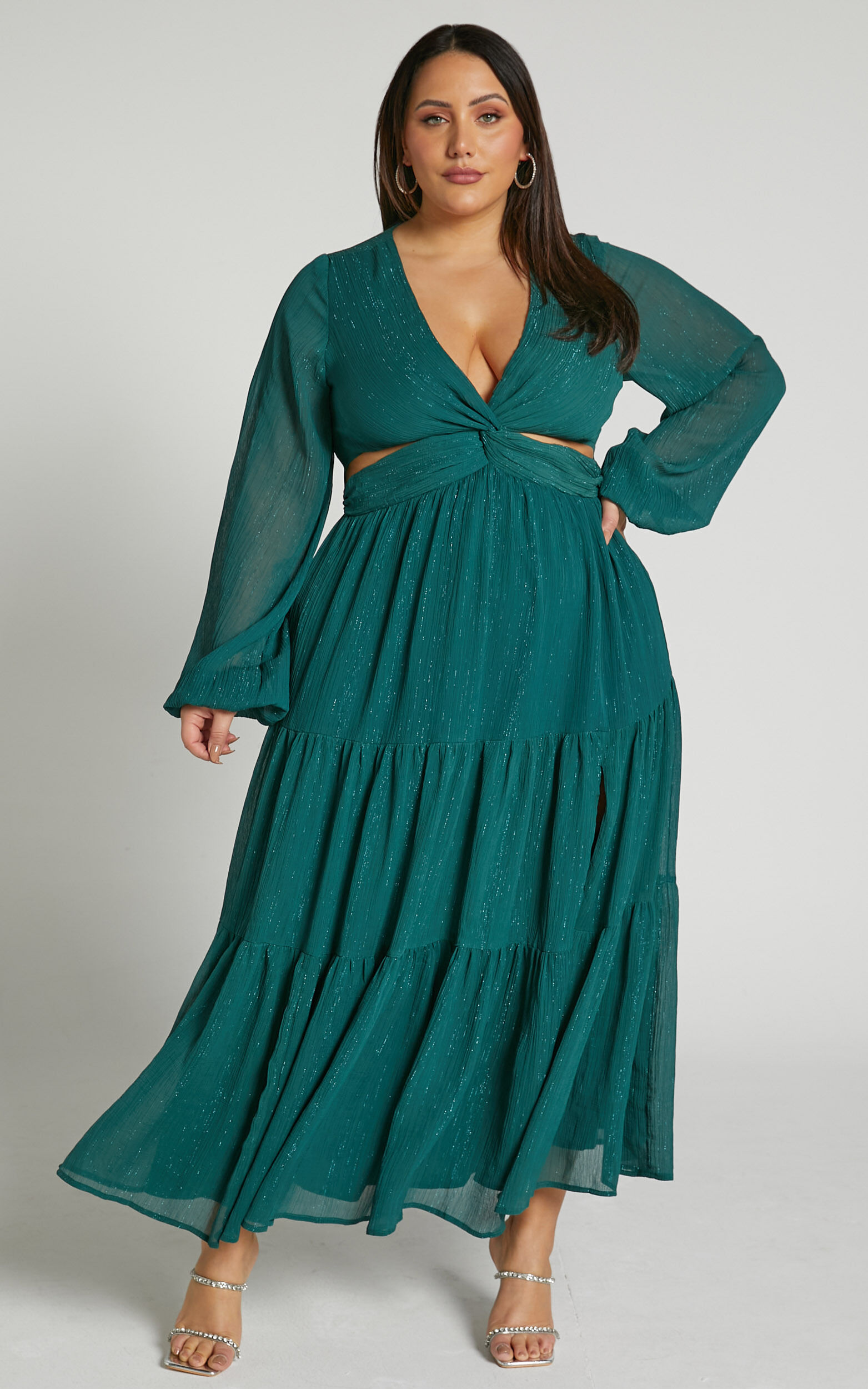 Edelyn Midi Dress Cut Out Balloon Sleeve Tiered Dress in Emerald Showpo