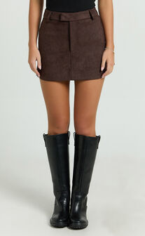 Priscilla Mini Skirt - Mid Waist Faux Suede Skirt in Dark Chocolate
