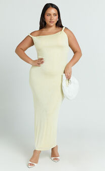 Isabel Midi Dress - Twist Off Shoulder Bodycon Dress in Lemon