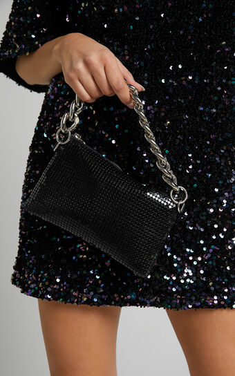 Yeeshai Bag - Sequin Mesh Chain Strap Bag in Black and Silver