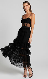 Evelynn Maxi Dress - Sweetheart Corset Bodice Fit & Flare Tiered in Black