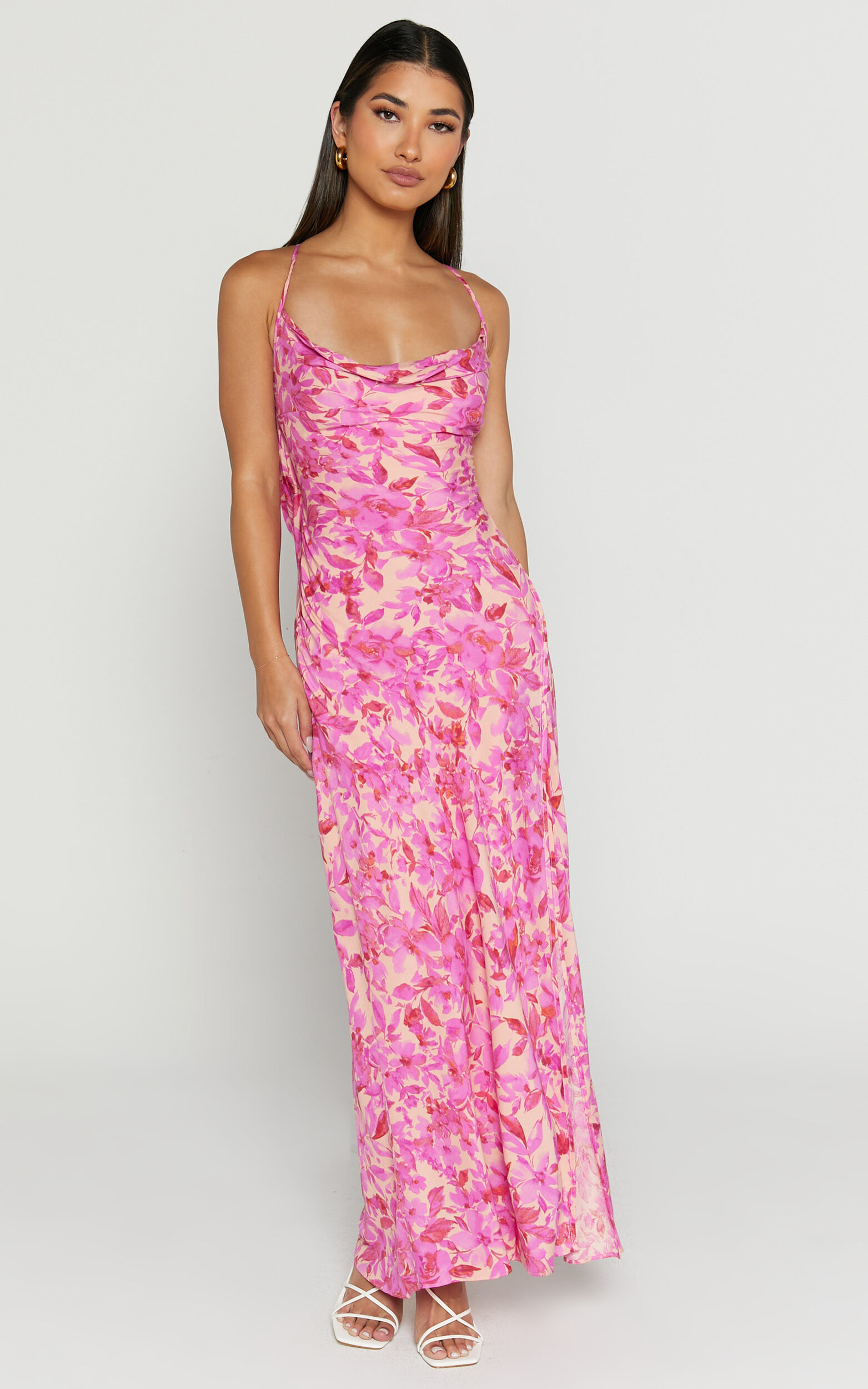 Manuella Maxi Dress - Cowl Neck Slit Slip Dress in Pink | Showpo USA