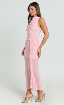 Jaimae Midi Dress - High Neck Side Knot Detail Mesh Dress in Soft Pink