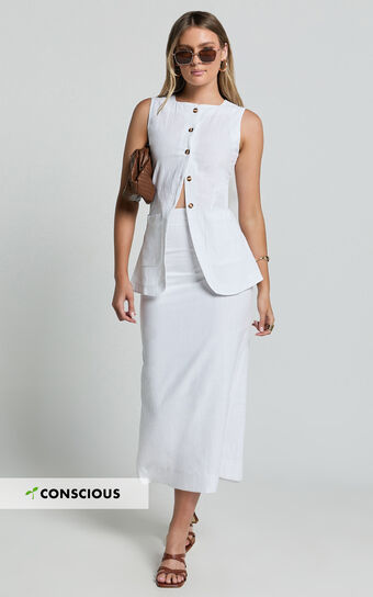 Jennie Two Piece Set - Longline Button Down Top and Maxi Skirt Set in White