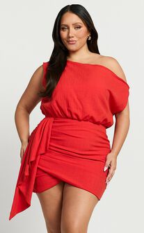 Niana Mini Dress - Drape One Shoulder Dress in Red