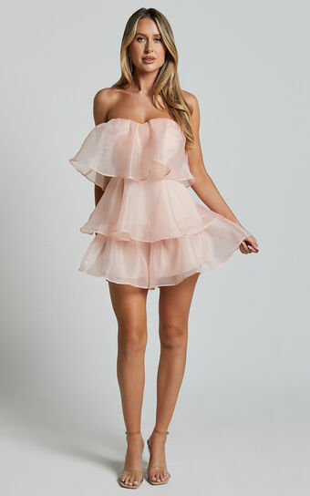 Lexi Playsuit - Strapless Tiered Frill Playsuit in Peach