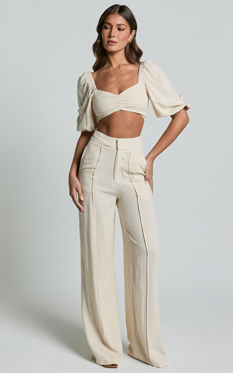 Aleydise Two Piece Set - Linen Puff Sleeve Gathered Crop Top and Pants Set in Natural