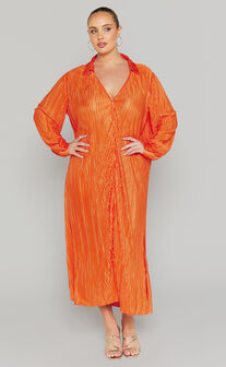 Donelli Midi Dress - Plisse Oversized Collared Shirt Dress in Orange