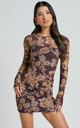 Livi Mini Dress - Long Sleeve Mesh Bodycon Dress in Amber Bloom Print