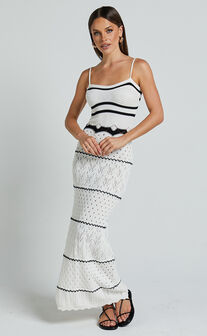Addison Midi Dress - Knitted Stripe Detail Cami Dress in White/Black