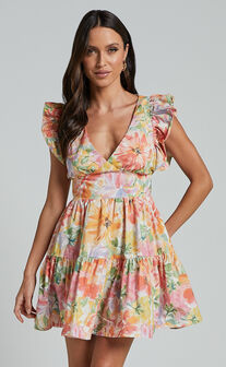 Jeanise Mini Dress - Flutter Sleeve Tiered Dress in Summer Floral