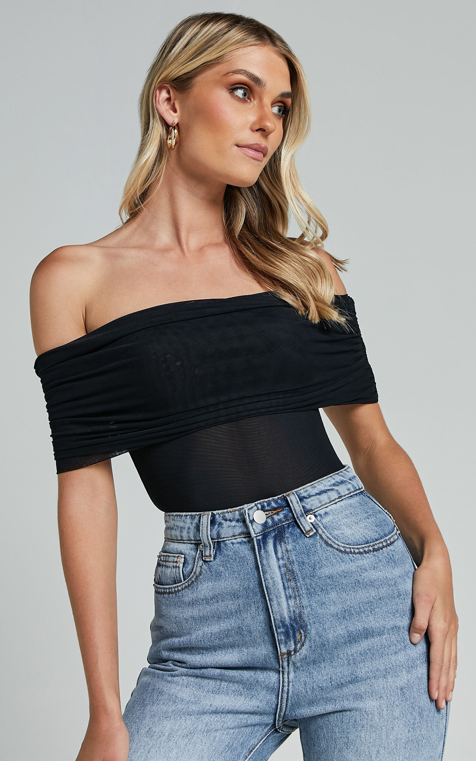 Maylene Bodysuit - Ruched Off The Shoulder Mesh Bodysuit in Black - 06, BLK1