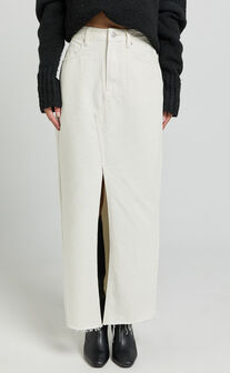 Kira Midi Skirt - Front Split Denim Skirt in Ecru