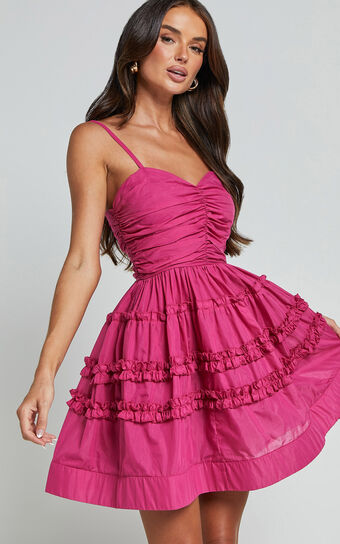 Ailia Mini Dress - Strappy Empire Waist Tiered Dress in Pink